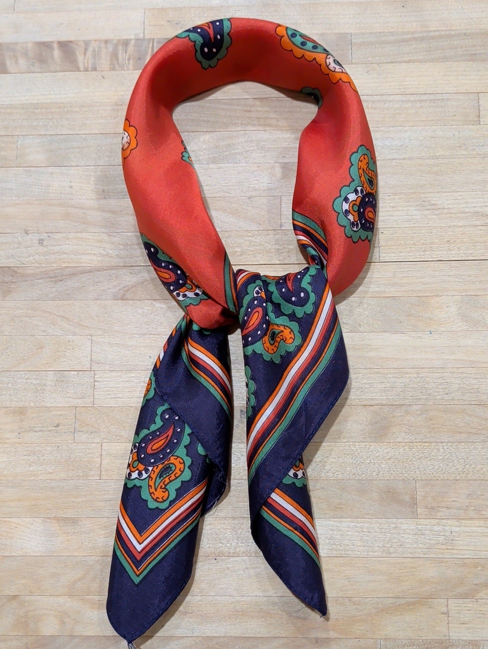 Vintage Paisley Print Square Scarf In Orange Navy Green And White